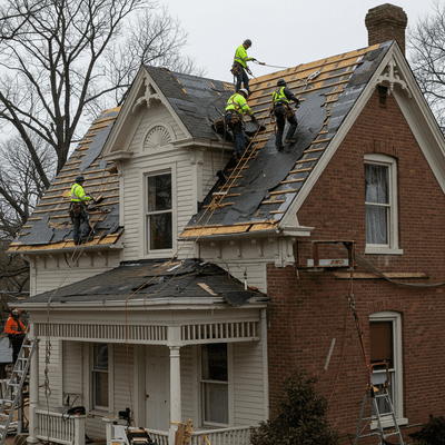 Roofing Contractor Working on Historic Home in Crystal Lake Roofing contractor working on historic home in Crystal Lake