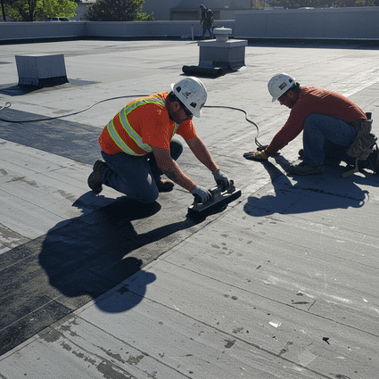 Roofing contractor inspecting flat roof in Crystal Lake