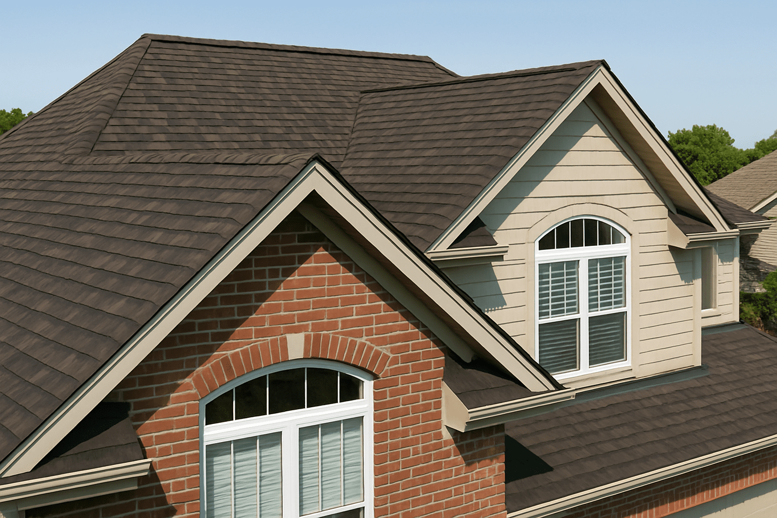 Affordable Standard Asphalt Shingles Standard asphalt shingles on a suburban home
