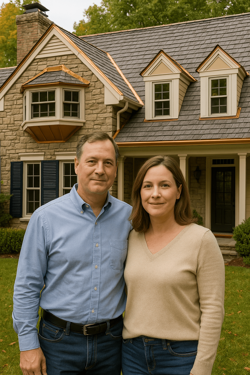 Happy customers in front of their new Brava Cedar Shake Roof in Crystal Lake Illinois.