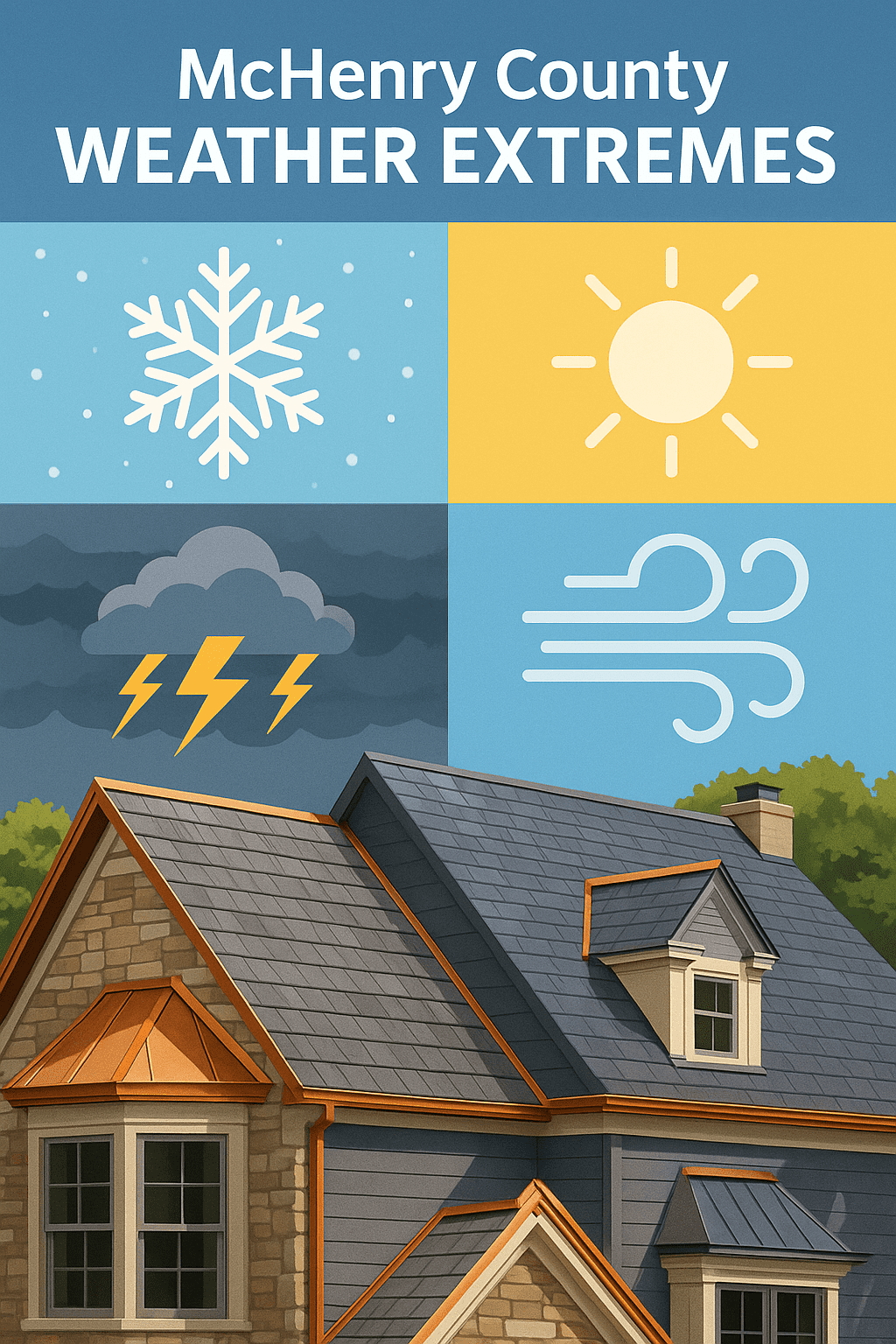 Weather that Effects Roofs This is a diagram showing the weather that does damage and ages roofs, snow, sun, wind, and storms.