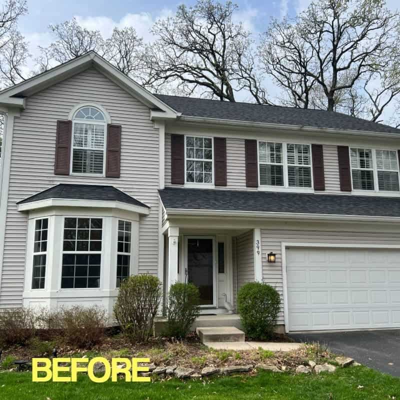 Exterior view of a suburban house with siding and windows, showing the "before" condition.