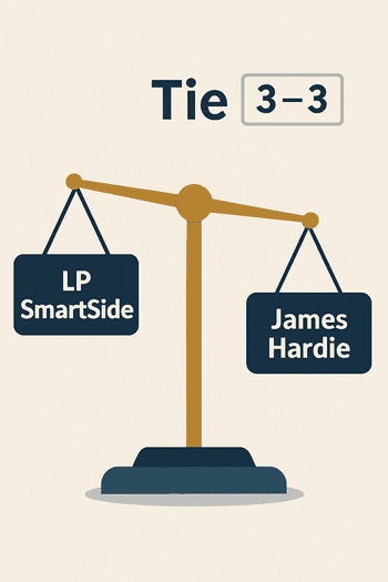 LP SmartSide vs Hardie Board Siding: A Tie Depending on Homeowner Priorities Graphic illustrating a tie in the LP SmartSide vs James Hardie siding comparison, highlighting key benefits of each for McHenry County homes.