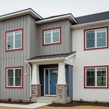 Siding Color with Brick and Roof A beautiful suburban home showcasing how roof color and stone accents dictate siding color choices.