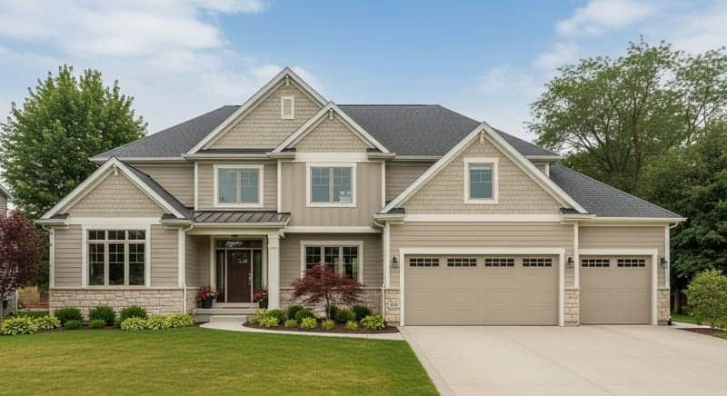 Modern dark gray vertical LP SmartSide siding and bold black trim.