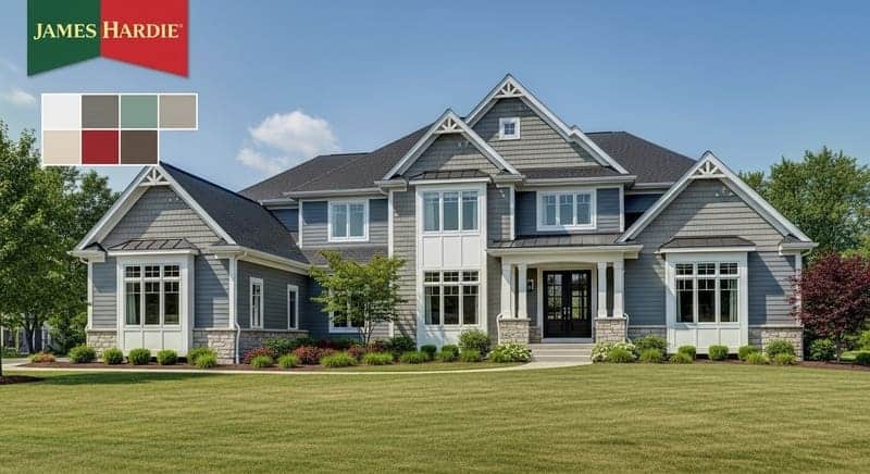 A classic two-story home featuring a timeless light gray siding color that enhances its resale value.