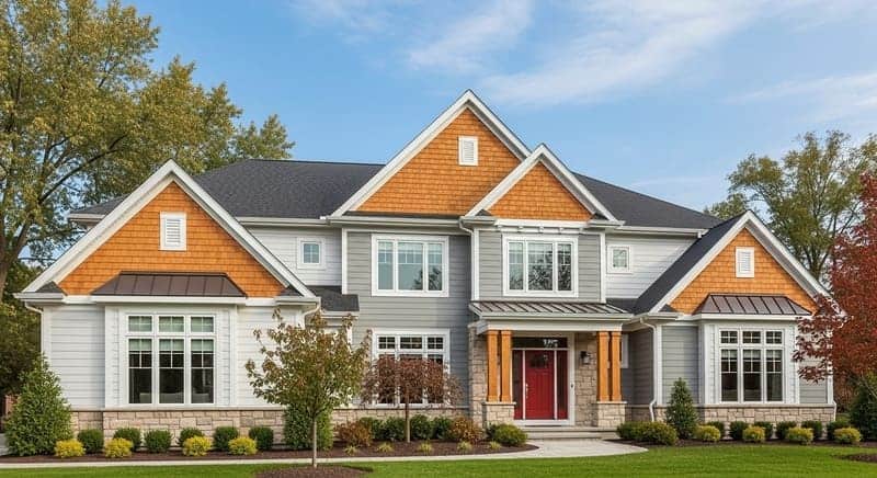 An elegant home with deep blue siding and crisp white trim, a popular color combination in Algonquin.