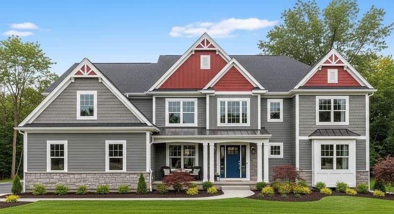 A home combining horizontal siding with board-and-batten style in the gables for textural variety.