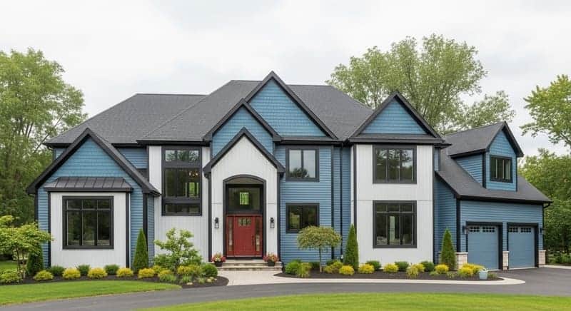 A crisp white modern farmhouse-style home with black windows and accents, a hugely popular trend.
