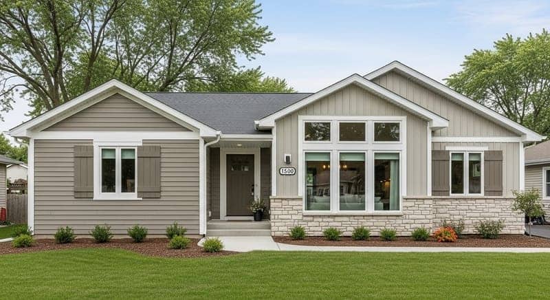 A charming home with warm, beige-toned siding that works perfectly with its brown roof.