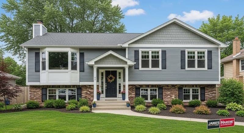 A stunning home at dusk with accent lighting highlighting its new siding and architectural features.