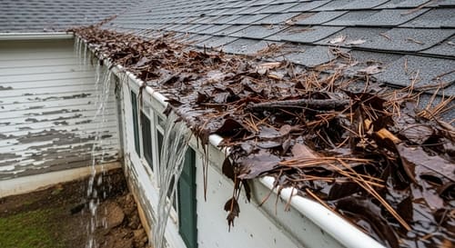 Seriously Clogged Gutter A seriously clogged gutter in McHenry County, demonstrating the need for effective clogged gutter solutions.
