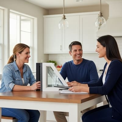 An Innovative Home Concepts expert explaining the benefits of modern replacement windows to a couple in their Huntley, IL home.