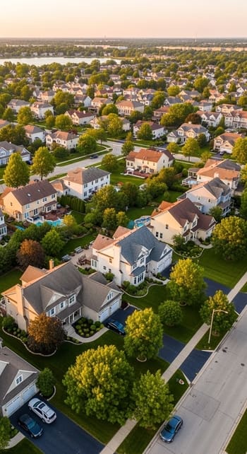 A beautiful tree-lined street in a Chicago suburb like Crystal Lake, showcasing homes with excellent curb appeal.