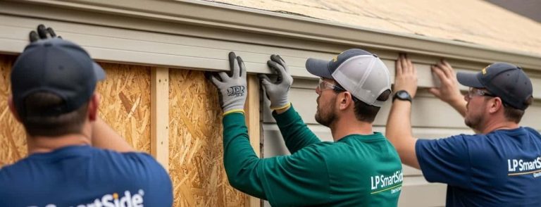 Workers install new insulated vinyl siding on a house.