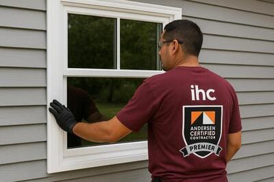 Professional Wood Replacement Window Installation Expert window installer carefully installing a wood replacement window