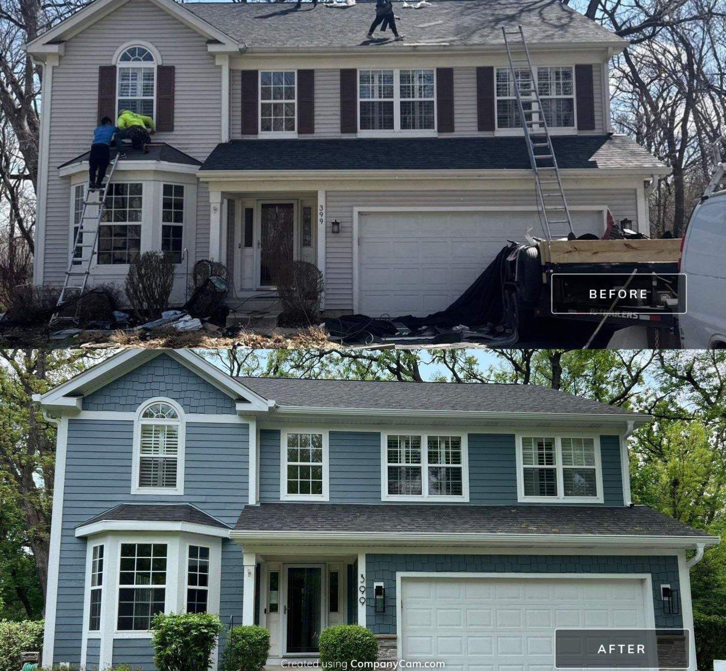 before and after of new siding on home on Kelly Lane in Crystal Lake Illinois