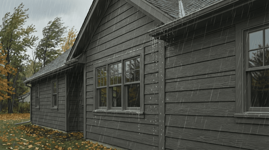James Hardie Siding on a house in the rain - Iron Gray