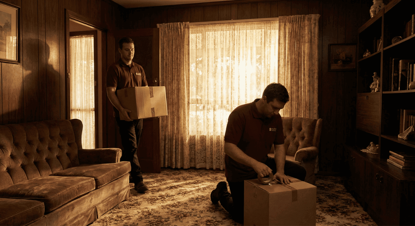 IHC workers carefully packing and removing belongings during an estate cleanout of an inherited home in McHenry County