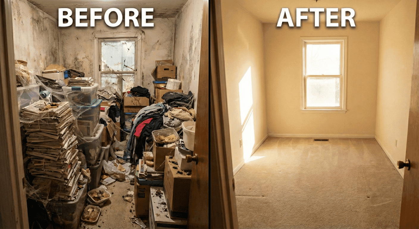 Before and after comparison of a hoarding cleanout showing a cluttered bedroom transformed into a clean empty room by Innovative Home Concepts