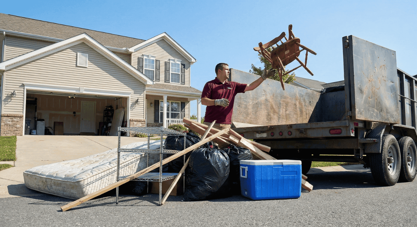 IHC worker loading junk and debris from a residential driveway into a hauling truck in McHenry County IL