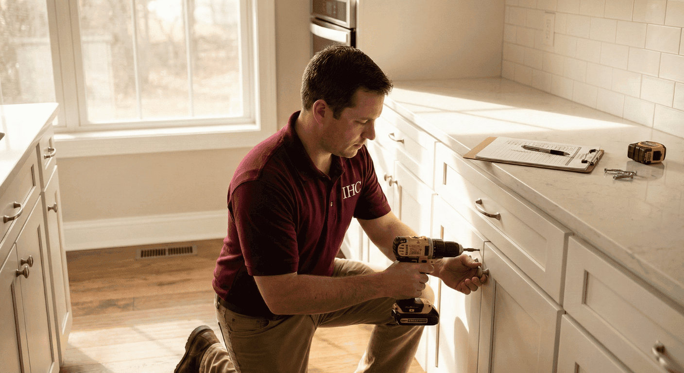 IHC handyman completing a punch list repair by installing new cabinet hardware in a McHenry County home