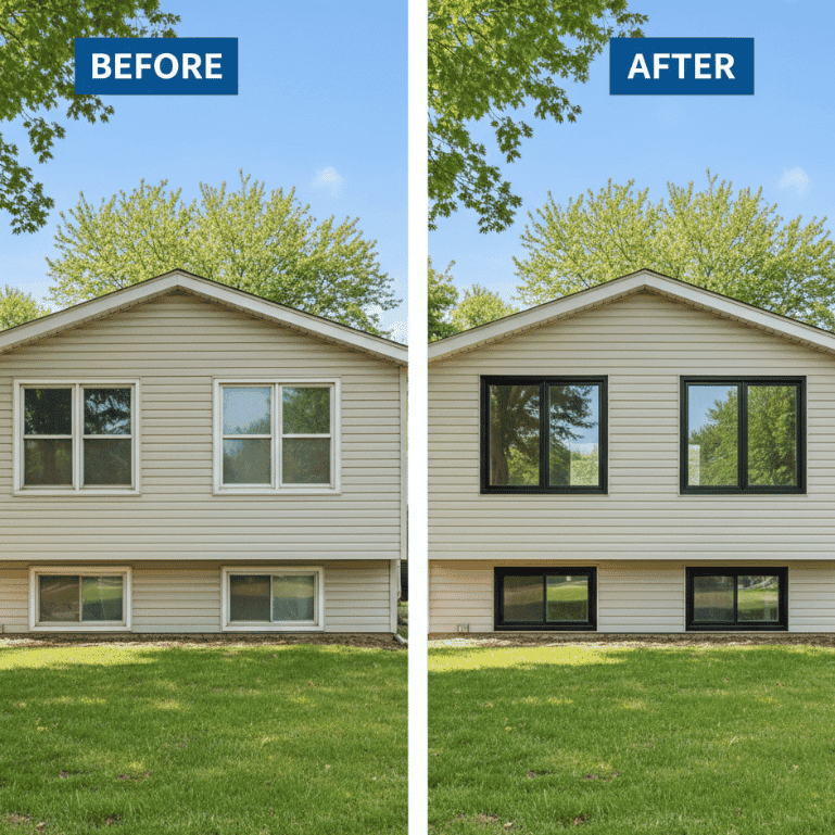 Before and after comparison of outdated windows replaced with modern energy-efficient windows on Crystal Lake Illinois home