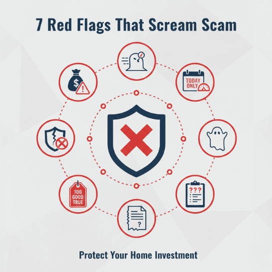 Infographic showing seven warning signs of contractor scams including high pressure tactics, no business presence, and vague contracts