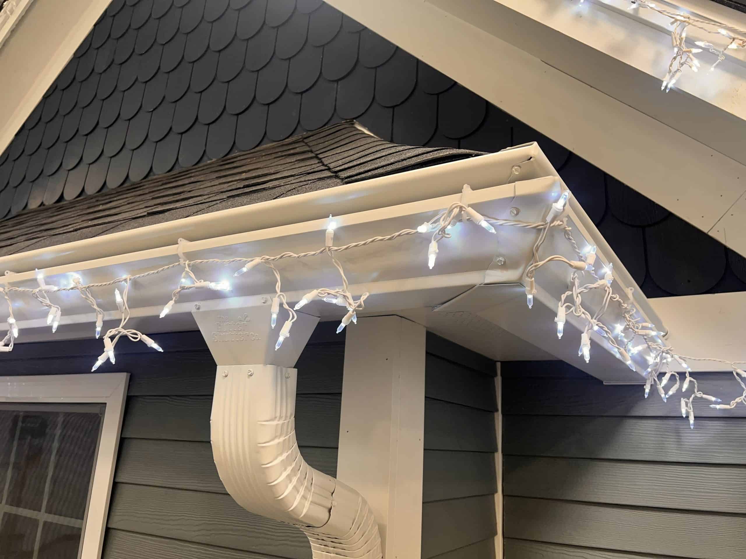 GutterShutter wide mouth opening and outside corner detail with Christmas lights