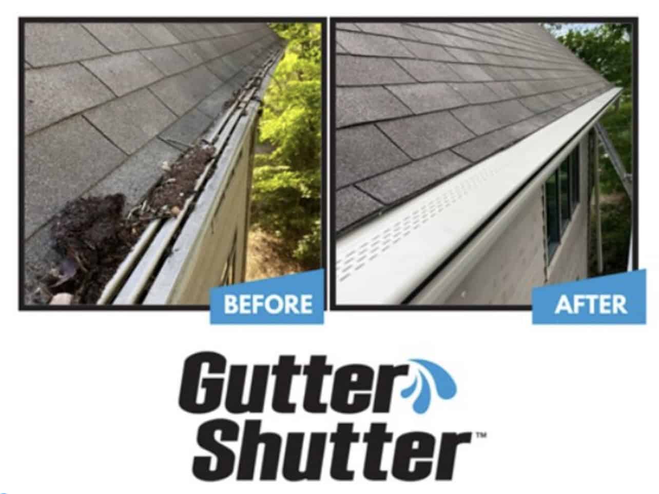 Before and after GutterShutter installation showing dramatic improvement