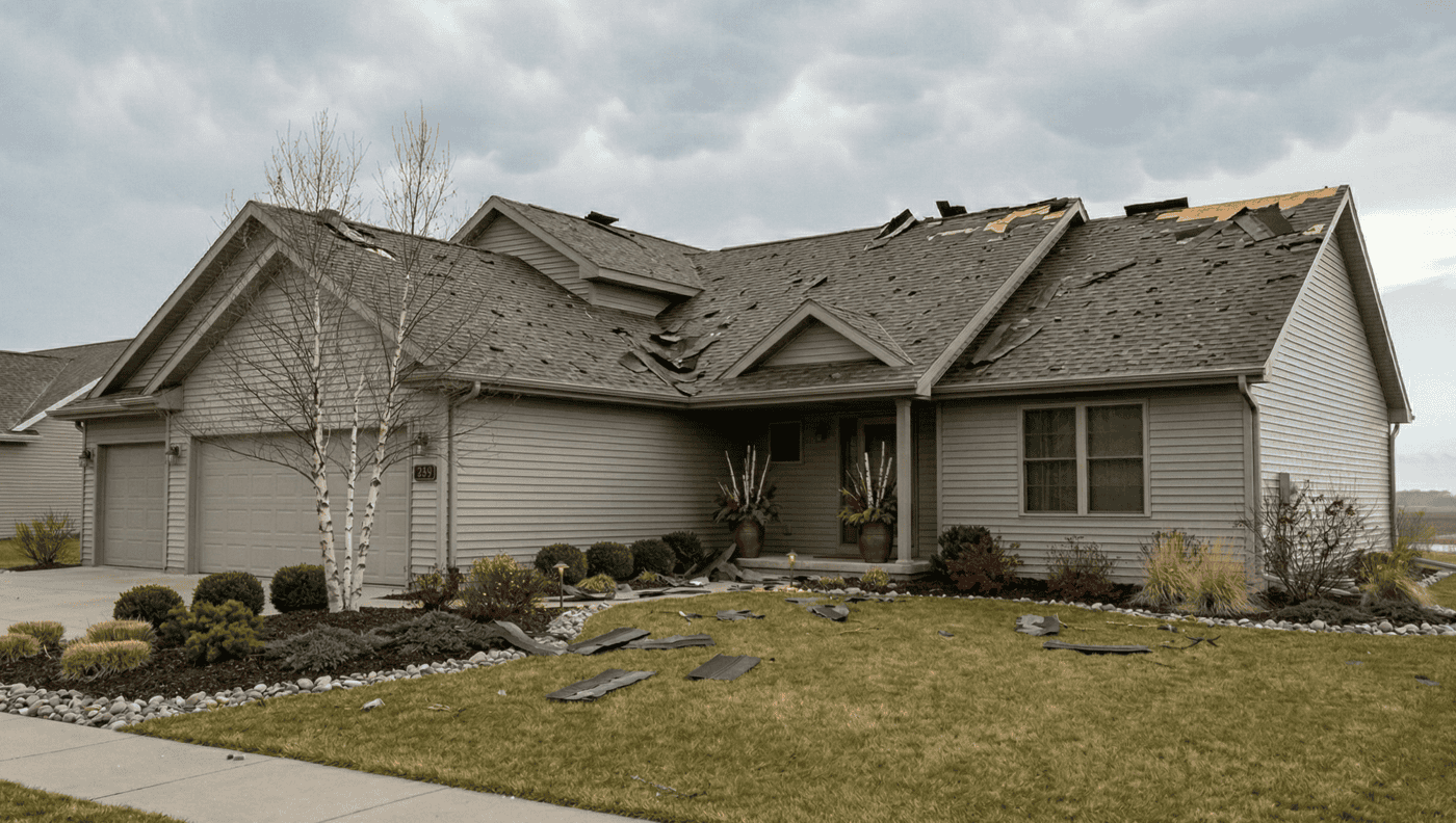 House with shingles missing after a wind storm in McHenry County