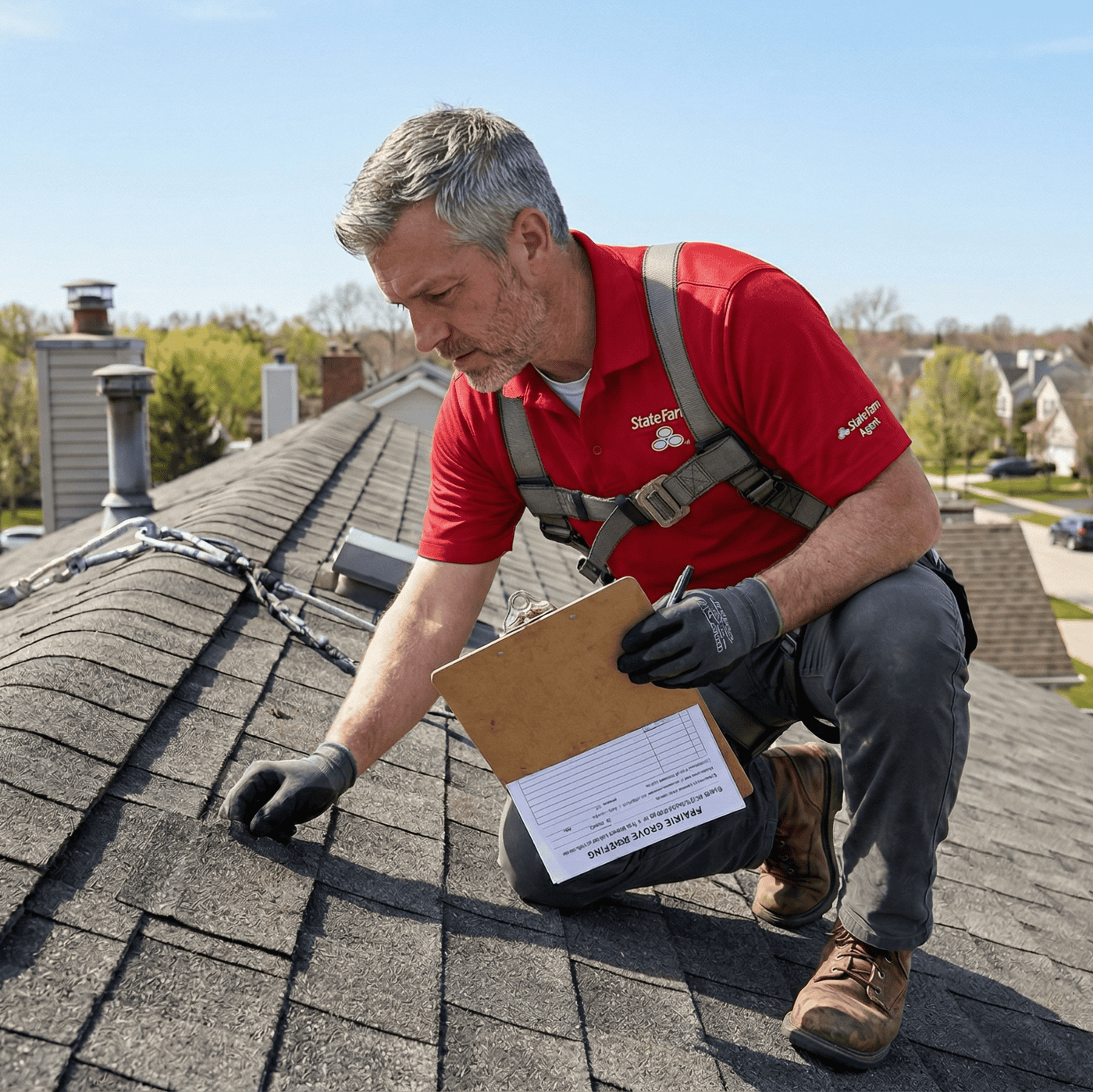 Insurance adjuster inspecting a residential roof for storm damage