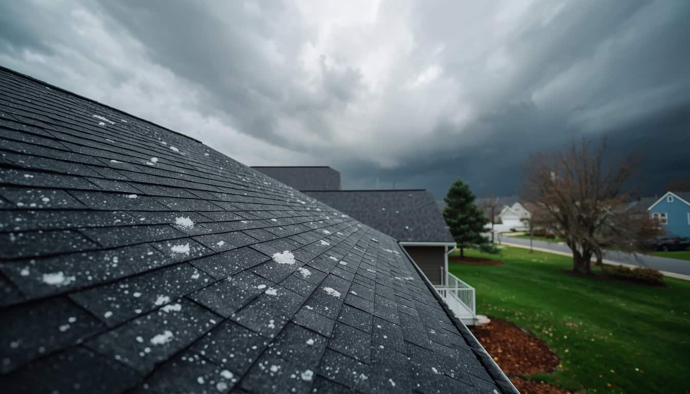 Residential roof covered in hail after a storm