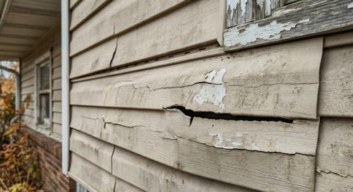 Cracked and peeling vinyl siding showing freeze-thaw damage on a McHenry County home