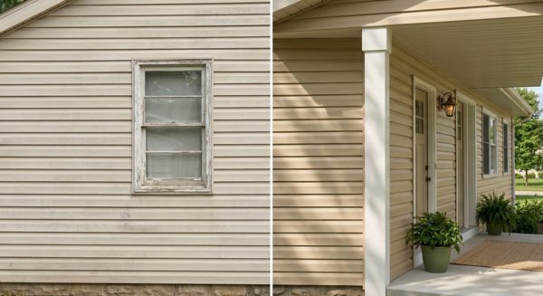 Before and after siding replacement showing faded old siding next to fresh new siding