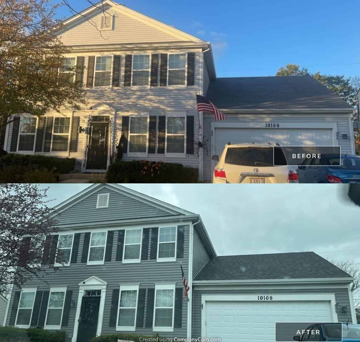 Huntley IL vinyl siding before and after - replaced cream vinyl with new gray vinyl siding