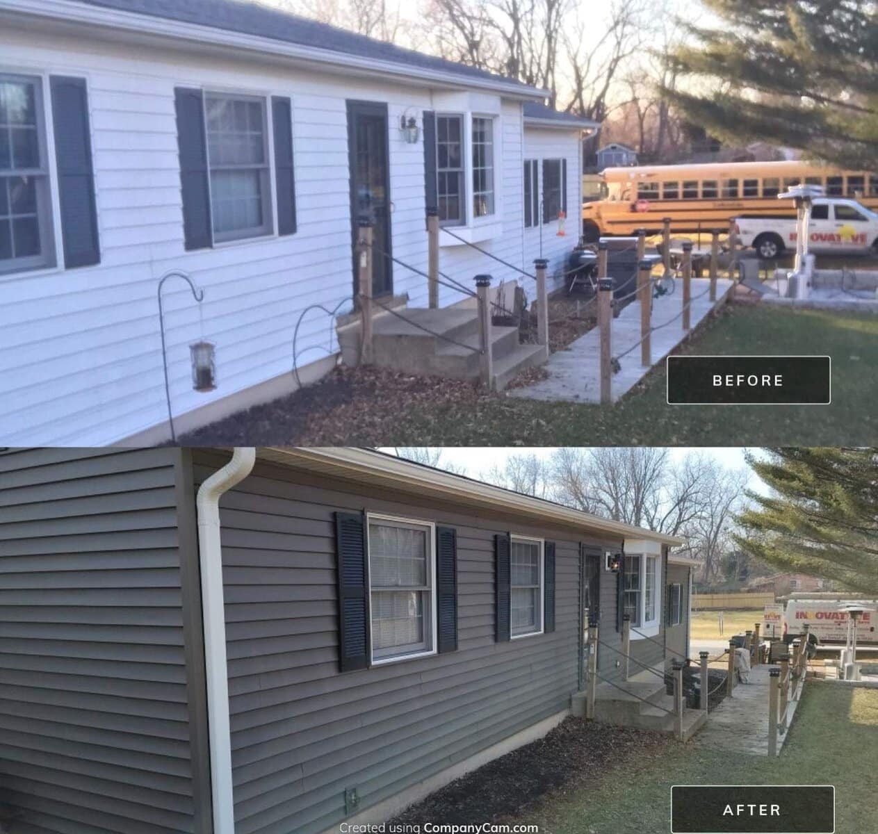 Vinyl siding replacement before and after - white siding replaced with new gray vinyl