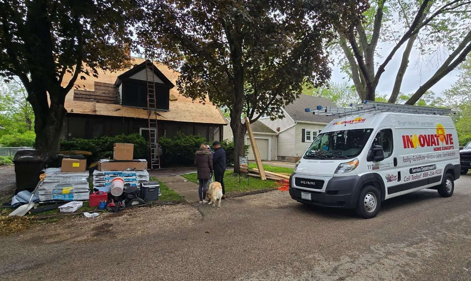 Innovative Home Concepts branded service van at the site of a roof donated to a veteran in need, McHenry, Illinois, 2025