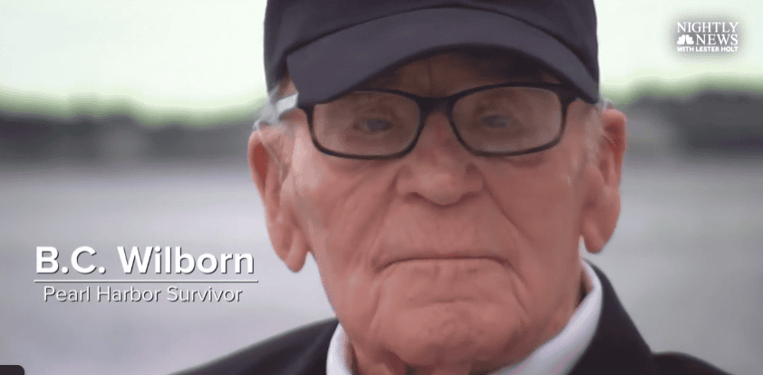 Beverly Clyde 'Clyde' Wilborn, Pearl Harbor survivor, interviewed on NBC Nightly News with Lester Holt while seated with a serving Navy admiral in front of USS Missouri (BB-63)